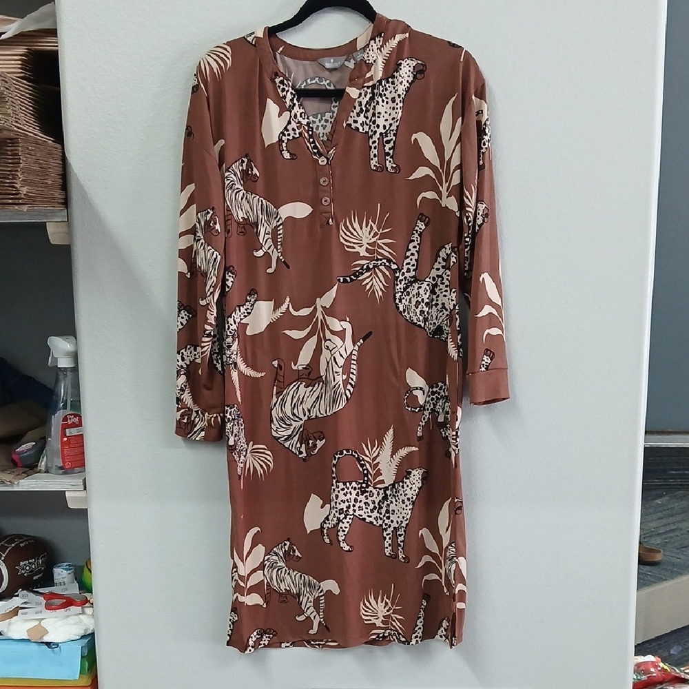 Nwot Breezies Blissful Brown Animal Print Long Sleeve Sleepwear Size XS